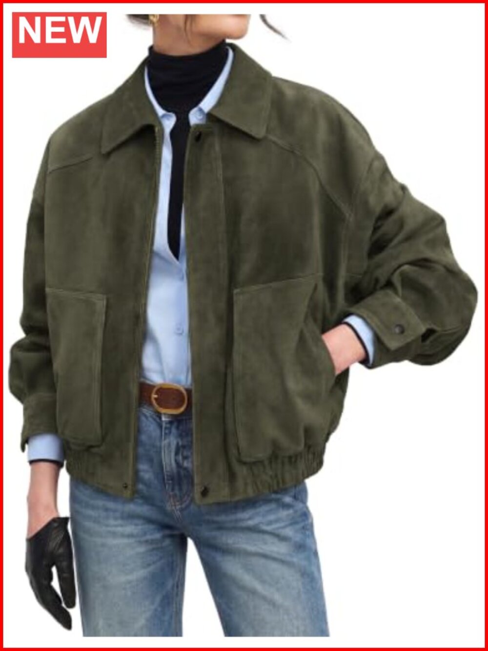 Faux Suede Bomber Jacket Long Sleeve Lightweight Zip Front